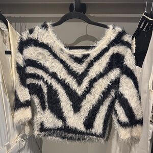 Bebe Y2K Black and White Zebra Print Fuzzy Cropped Sweater